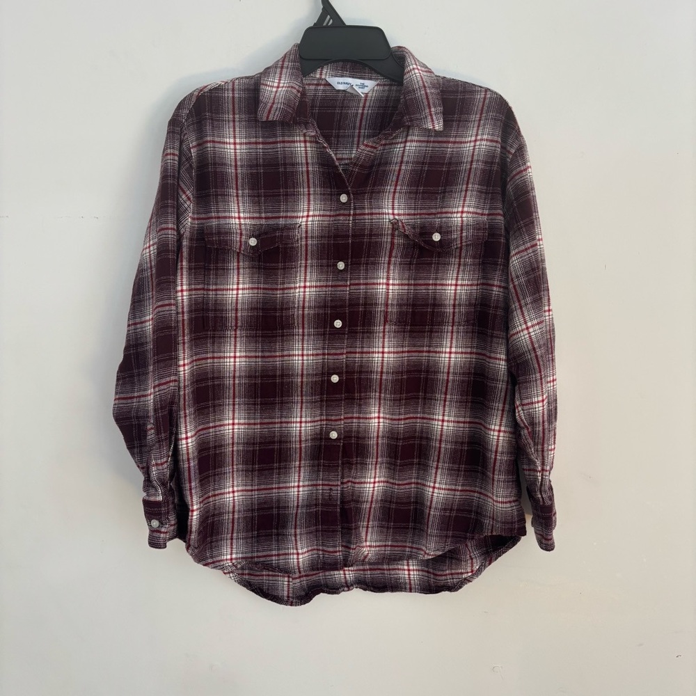 Old Navy Plaid Boyfriend Flannel Shirt Medium Burgundy Button Up